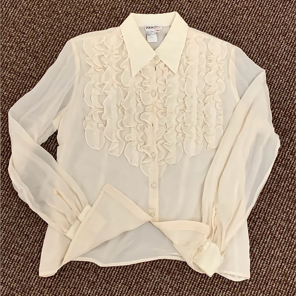 Women's 10 Vtg Ivory Cream 100% Silk Ruffled Bib Zola Evening Top Shirt Blouse - Picture 2 of 16